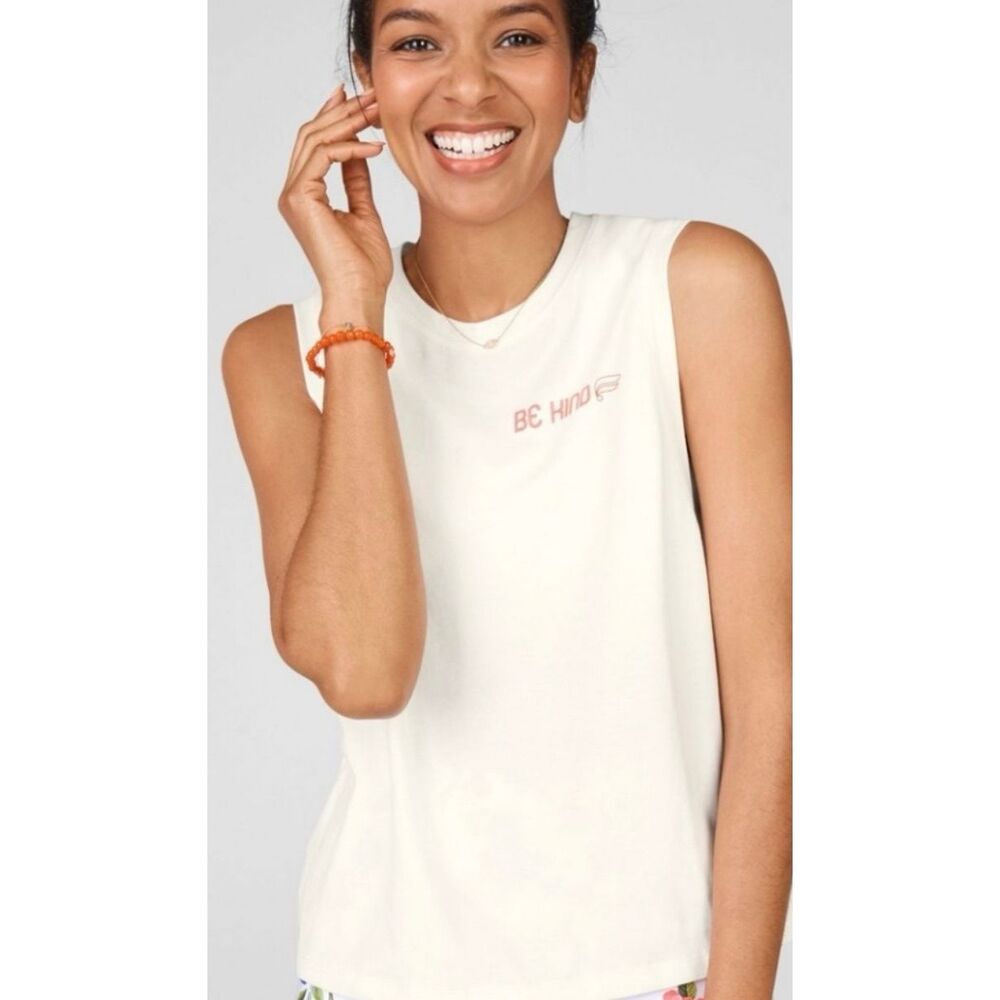 FABLETICS Women’s White Jade Jersey “Be Kind” Sleeveless Muscle Tank Size Medium